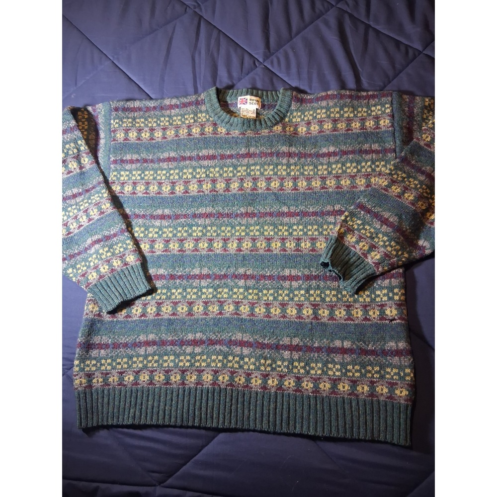 Royal Scott Mens XL Shetland Wool Sweater Fair Isle Teal Burgundy HK82W Vintage